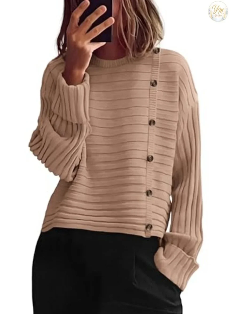 Womens Asymmetric Button Long Sleeve Knit Pullover Sweater